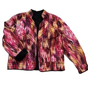 Chico’s Size Large Open Front Quilted Blazer Jacket Multicolor Pink Red Abstract